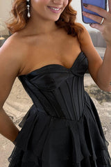 Suzhoufashion Black Sweetheart Prom Dress Corset Tiered Chiffon Long Formal Dress With Slit