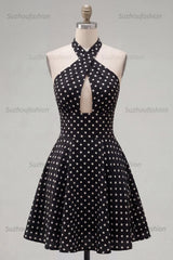 Suzhoufashion Black & White Polka Dot Halter Keyhole A-Line Short Homecoming Dress