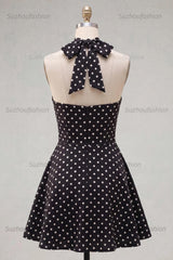 Suzhoufashion Black & White Polka Dot Halter Keyhole A-Line Short Homecoming Dress