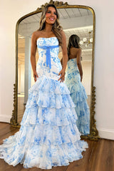 Suzhoufashion Blue Flower Prom Dress Sweetheart Mermaid Ruffled Long Formal Dress With Bow