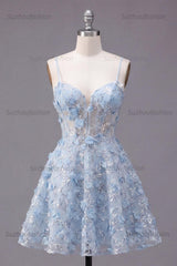 Suzhoufashion Blue Sequin Floral Spaghetti Straps A-Line Corset Short Homecoming Dress