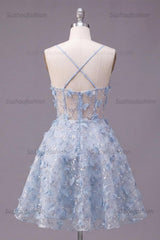 Suzhoufashion Blue Sequin Floral Spaghetti Straps A-Line Corset Short Homecoming Dress