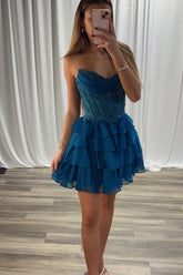Suzhoufashion Blue Sweetheart Tiered A-Line Corset Short Homecoming Dress with Appliques