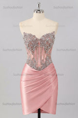 Suzhoufashion Blush Basque Waist Beaded Ruched Corset Tight Short Homecoming Dress