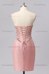 Suzhoufashion Blush Basque Waist Beaded Ruched Corset Tight Short Homecoming Dress