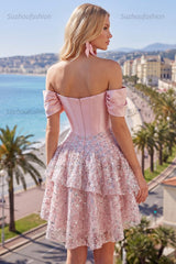 Suzhoufashion Blush Beaded Corset A-Line Short Homecoming Dress with Ruffles