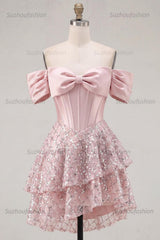 Suzhoufashion Blush Beaded Corset A-Line Short Homecoming Dress with Ruffles