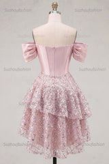 Suzhoufashion Blush Beaded Corset A-Line Short Homecoming Dress with Ruffles