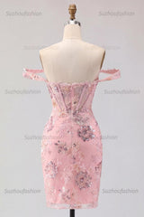 Suzhoufashion Blush Floral Beaded Corset Tight Short Homecoming Dress