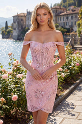 Suzhoufashion Blush Floral Beaded Corset Tight Short Homecoming Dress