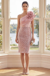 Suzhoufashion Blush One Shoulder Sequin Bodycon Knee-Length Homecoming Dress with 3D Flowers