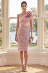 Suzhoufashion Blush One Shoulder Sequin Bodycon Knee-Length Homecoming Dress with 3D Flowers