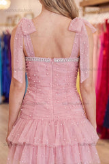 Suzhoufashion Blush Ruffled Short Homecoming Dress with Bows