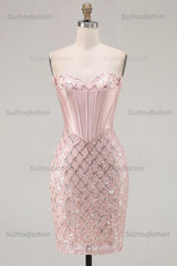 Suzhoufashion Blush Strapless Beaded Corset Tight Short Homecoming Dress