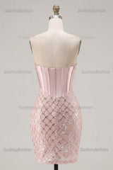 Suzhoufashion Blush Strapless Beaded Corset Tight Short Homecoming Dress