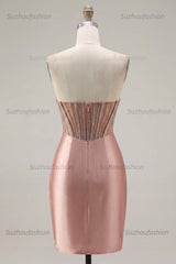 Suzhoufashion Blush Strapless Ruched Corset Tight Short Homecoming Dress with Slit