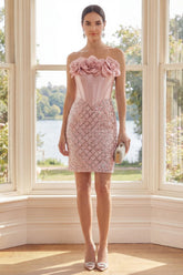 Suzhoufashion Blush Strapless Sequin Corset Short Homecoming Dress with 3D Flowers