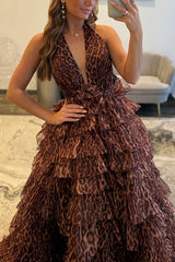 Suzhoufashion Brown Leopard Prom Dress Ball Gown Halter Tiered Ruffled Long Formal Dress