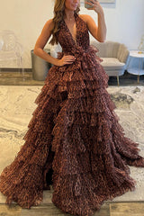 Suzhoufashion Brown Leopard Prom Dress Ball Gown Halter Tiered Ruffled Long Formal Dress