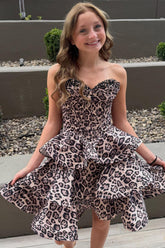 Suzhoufashion Brown Leopard Strapless Tiered Print Corset Short Homecoming Dress with Beading