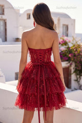 Suzhoufashion Burgundy Strapless Beaded A-Line Corset Short Homecoming Dress