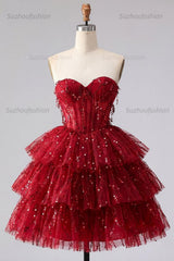 Suzhoufashion Burgundy Strapless Beaded A-Line Corset Short Homecoming Dress