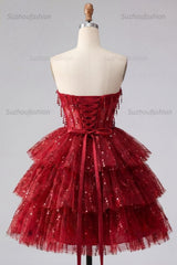 Suzhoufashion Burgundy Strapless Beaded A-Line Corset Short Homecoming Dress
