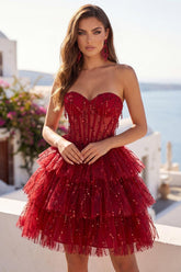 Suzhoufashion Burgundy Strapless Beaded A-Line Corset Short Homecoming Dress