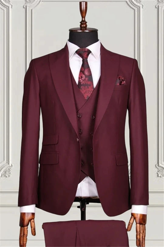 Suzhoufashion Burgundy Three Pieces Slim Fit Bespoke Business Men Suits
