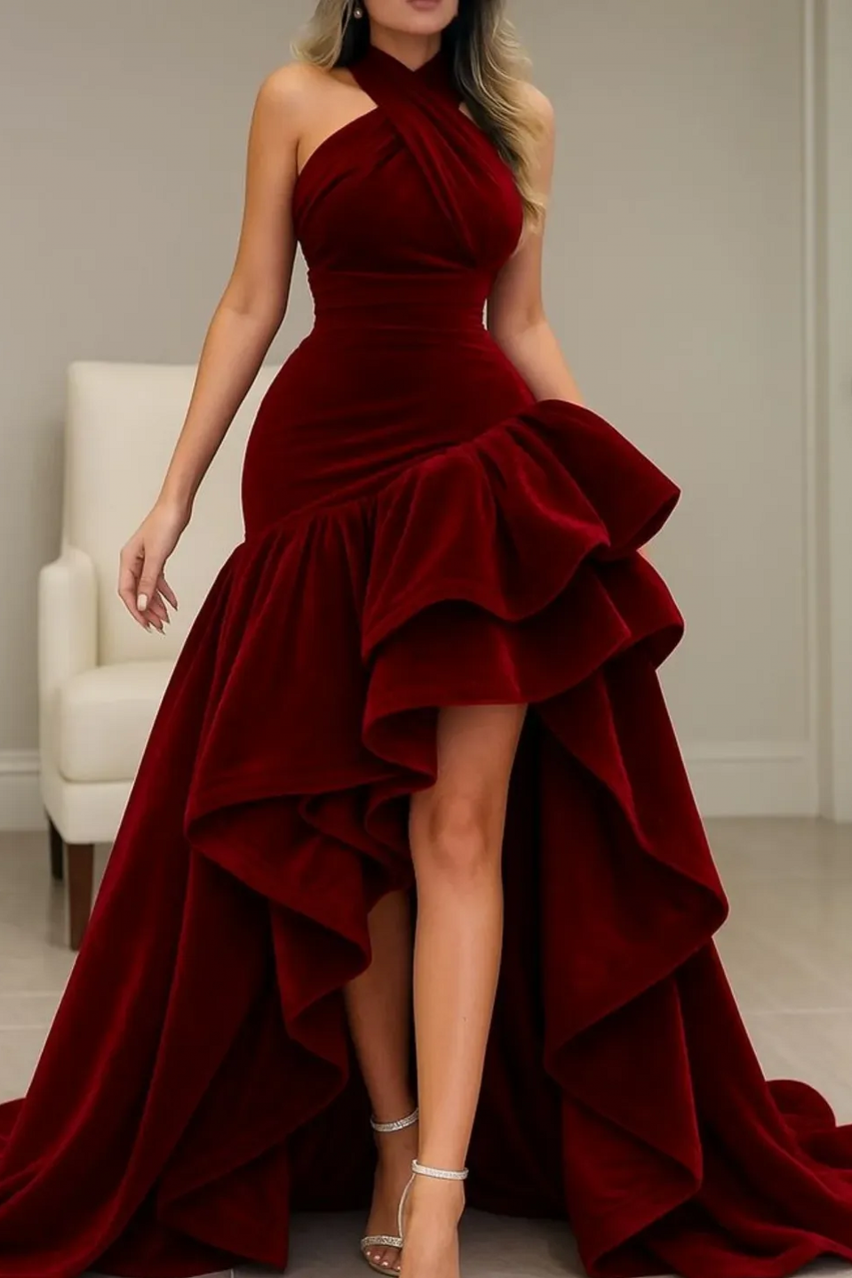 Suzhoufashion Burgundy Velvet Dress High Low Halter Neck Ruffled Formal Evening Dress