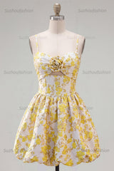 Suzhoufashion Butter Yellow Floral Keyhole A-Line Short Homecoming Dress with 3D Flower