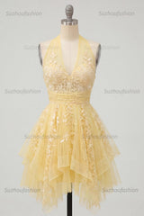 Suzhoufashion Butter Yellow Floral Lace Halter Ruffled A Line Short Homecoming Dress