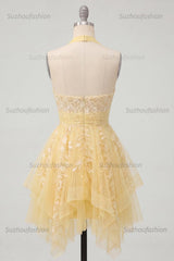 Suzhoufashion Butter Yellow Floral Lace Halter Ruffled A Line Short Homecoming Dress