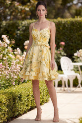 Suzhoufashion Butter Yellow Floral Ruched Ruffled A-Line Short Prom Dress with Bow