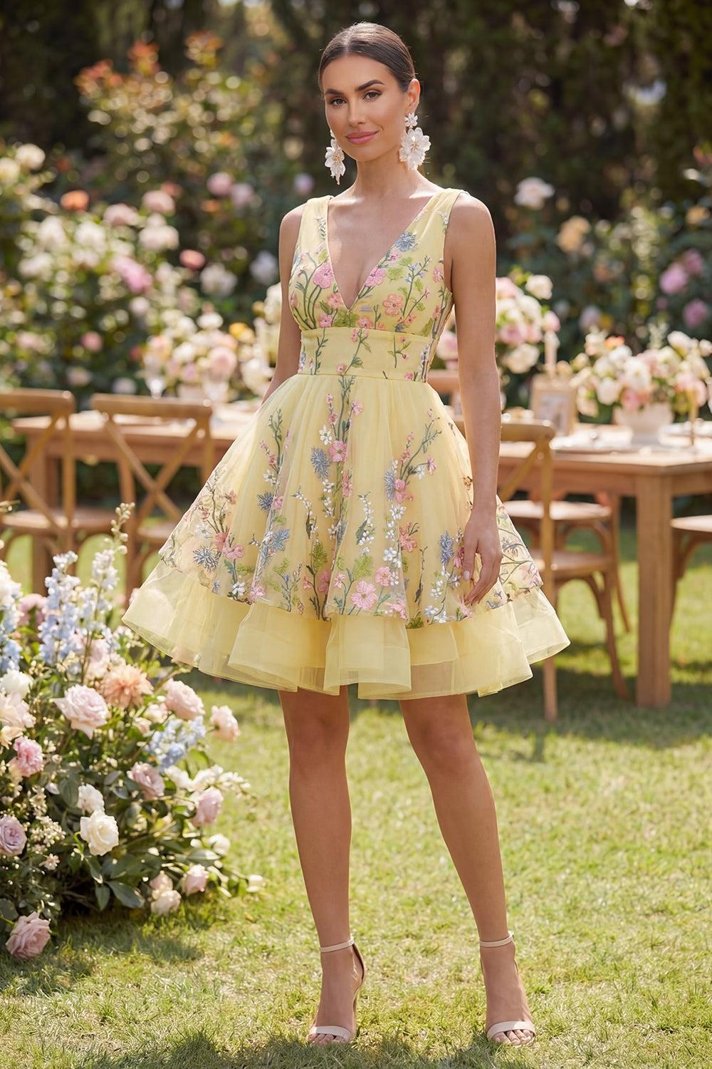 Suzhoufashion Butter Yellow Floral V-Neck A-Line Short Homecoming Dress with Ruffles