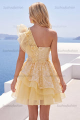 Suzhoufashion Butter Yellow Lace Floral Ruffled One Shoulder A Line Short Homecoming Dress