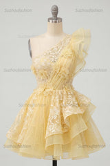 Suzhoufashion Butter Yellow Lace Floral Ruffled One Shoulder A Line Short Homecoming Dress
