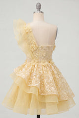 Suzhoufashion Butter Yellow Lace Floral Ruffled One Shoulder A Line Short Homecoming Dress