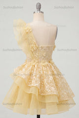 Suzhoufashion Butter Yellow Lace Floral Ruffled One Shoulder A Line Short Homecoming Dress