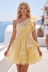 Suzhoufashion Butter Yellow Lace Floral Ruffled One Shoulder A Line Short Homecoming Dress