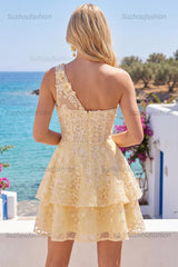 Suzhoufashion Butter Yellow Short Lace Floral One Shoulder Ruffled A Line Corset Homecoming Dress