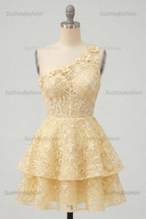 Suzhoufashion Butter Yellow Short Lace Floral One Shoulder Ruffled A Line Corset Homecoming Dress