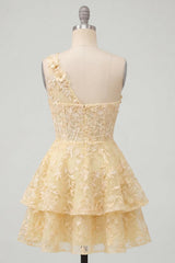 Suzhoufashion Butter Yellow Short Lace Floral One Shoulder Ruffled A Line Corset Homecoming Dress