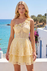 Suzhoufashion Butter Yellow Short Lace Floral One Shoulder Ruffled A Line Corset Homecoming Dress