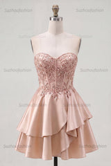 Suzhoufashion Champagne Beaded A-Line Corset Short Homecoming Dress with Ruffles