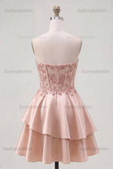 Suzhoufashion Champagne Beaded A-Line Corset Short Homecoming Dress with Ruffles