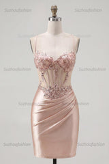 Suzhoufashion Champagne Beaded Ruched Corset Tight Short Homecoming Dress