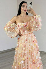 Suzhoufashion Champagne Floral Prom Dress Tulle A Line Long Formal Dress With Sleeves