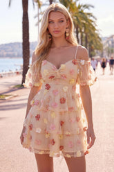 Suzhoufashion Champagne Floral Puff Sleeves A-Line Short Homecoming Dress