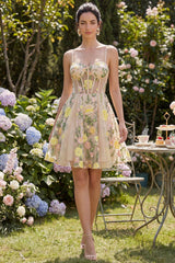 Suzhoufashion Champagne Floral Spaghetti Straps A-Line Corset Short Homecoming Dress